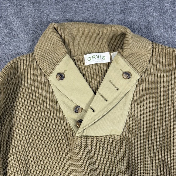 Orvis Mens L Tan Khaki Cotton Tactical Shawl Collar Sweater Elbow Patches - Picture 2 of 9